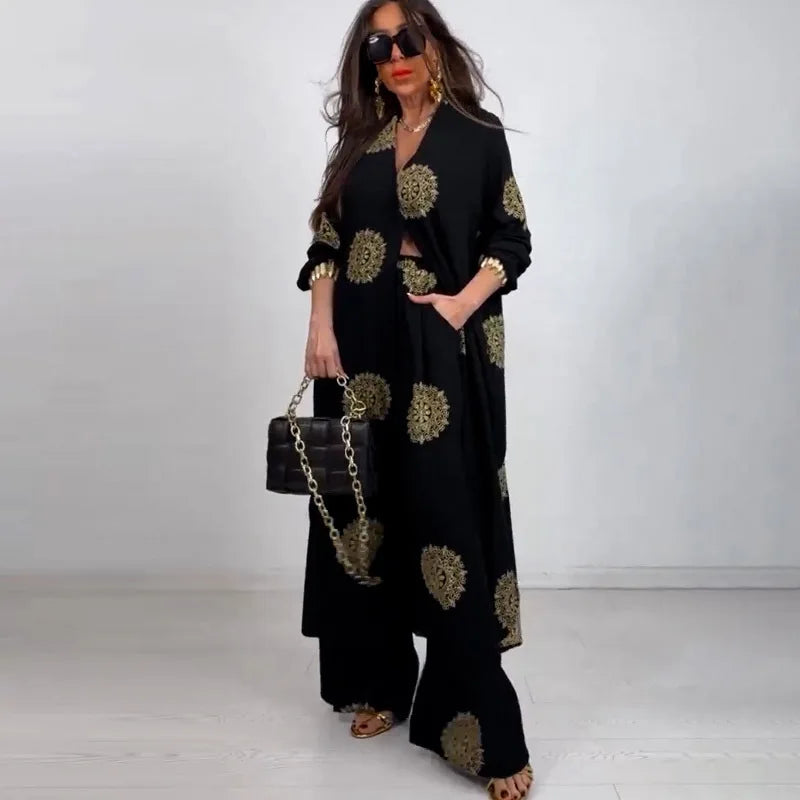 Eid Muslim Suits Women Print Blouses Wide Leg Pants Set Two Piece Musulman Ensemble Dubai Arabic Morocco Islam Casual Ramadan