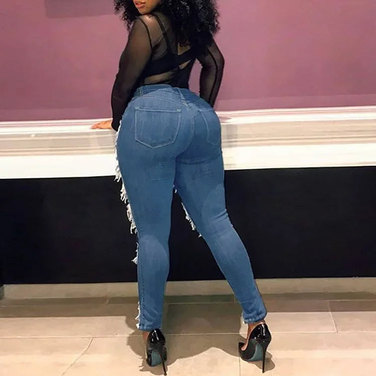 Hole Jeans Women Denim Pencil Pants Streetwear Washed Skinny Stretch High Waist Distressed Ripped Ankle Length Trousers 2025