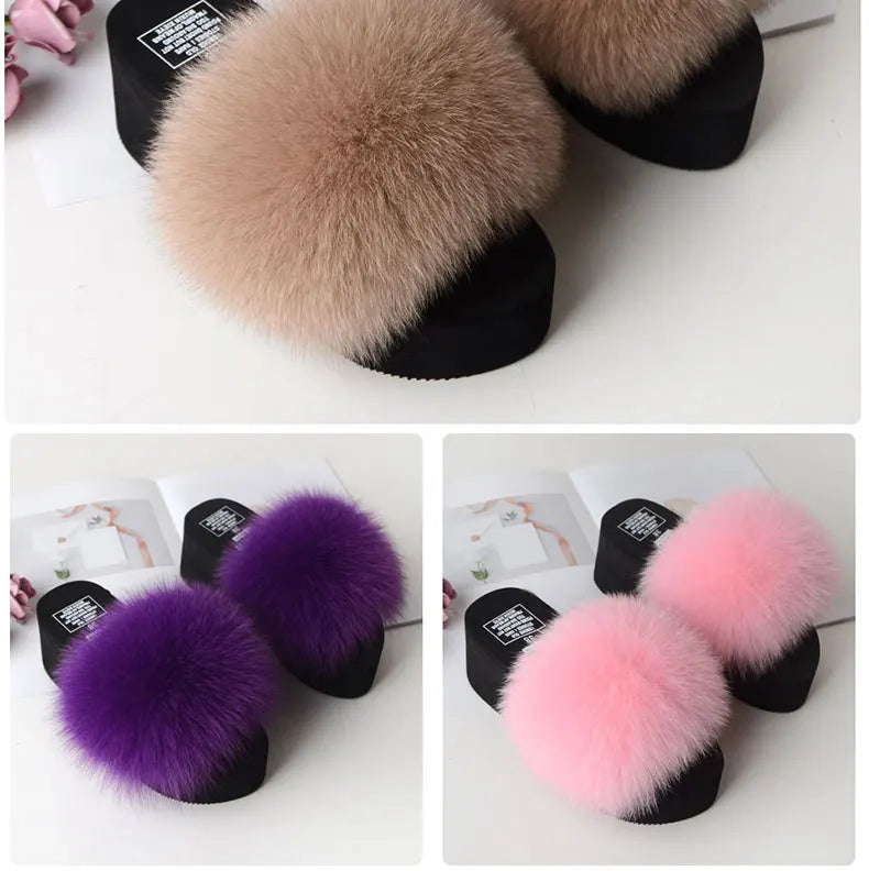 Women Fox Fur Slippers Woman Fashion Sandals Girls Casual Fur Slides 7cm Thick Sole Summer Platform Shoes Modern Slippers Wedges