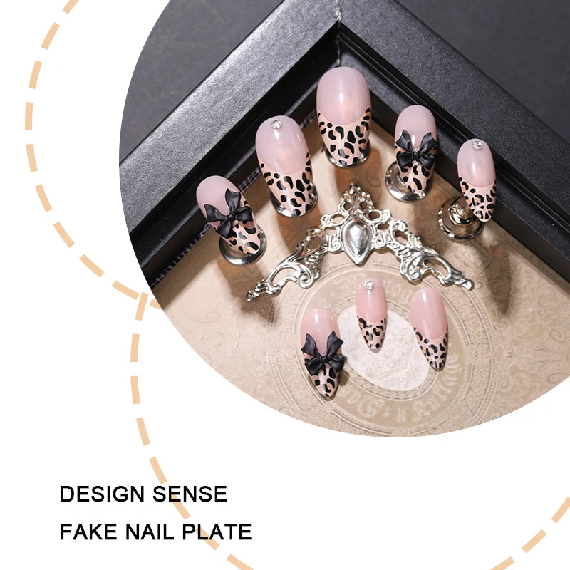 24pcs Wearable Brown Fake Nails Fashion Leopard Print 3D bowknot Design Press on Nails Tips French False Nail Set woman almond