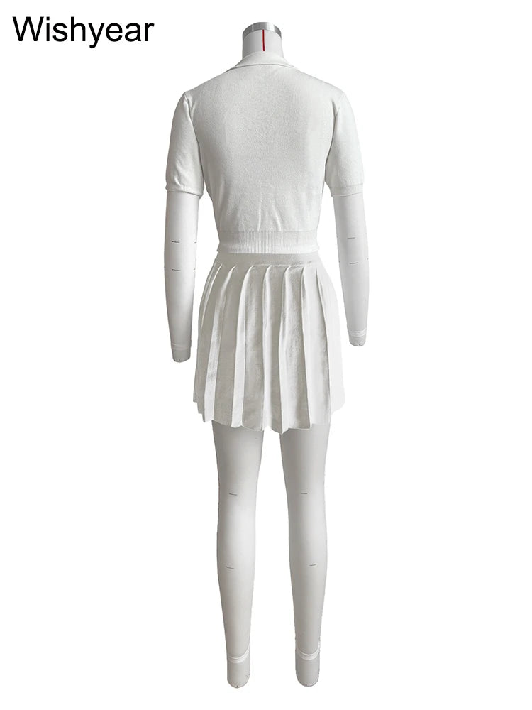 Fashion Knitted Pleated Skirts and Short Sleeve Crop Tops Two 2 Piece Set Women Summer Sporty Fitness Club Beach Party Outfits