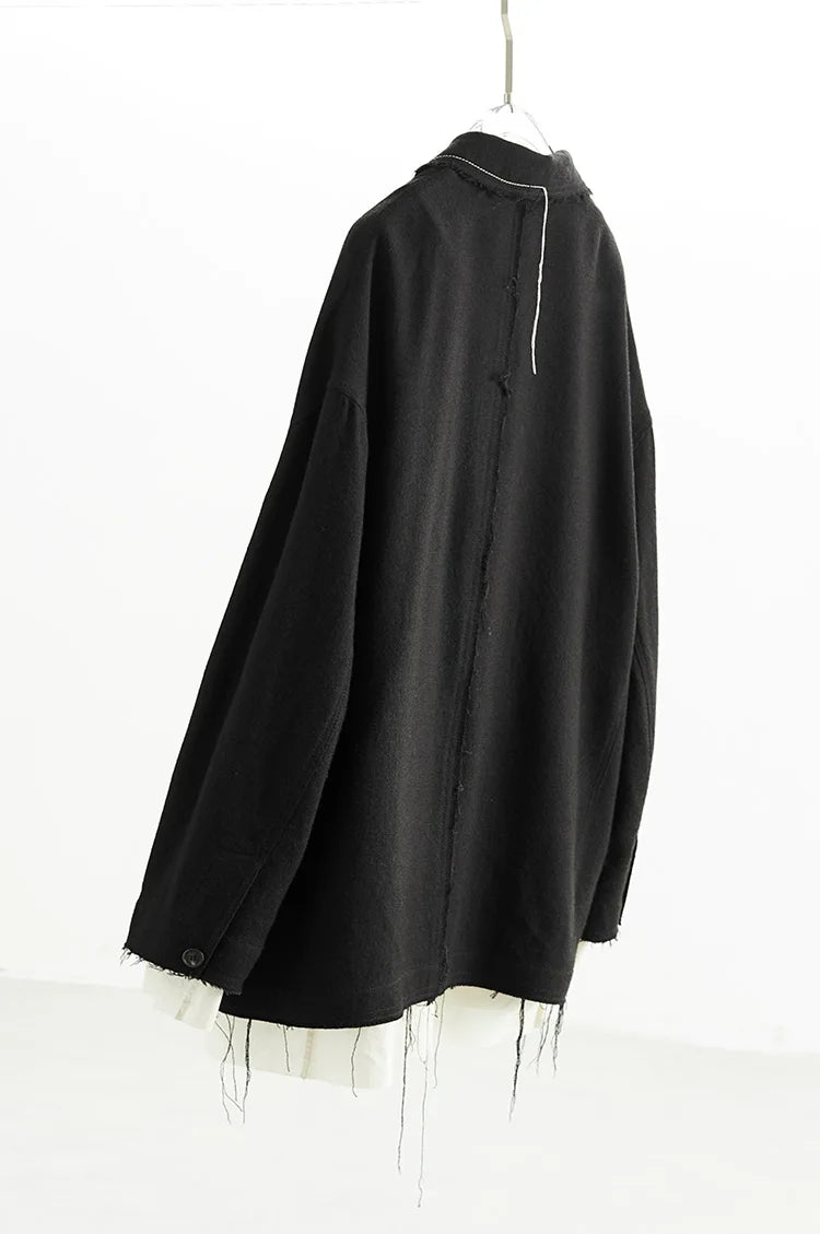 Custom Fabric Designer Style~Mysterious Black Blazer, Faux Two-Piece Fringed Oversized Jacket, Women's Casual Loose Top, New Spring 2026 Collection