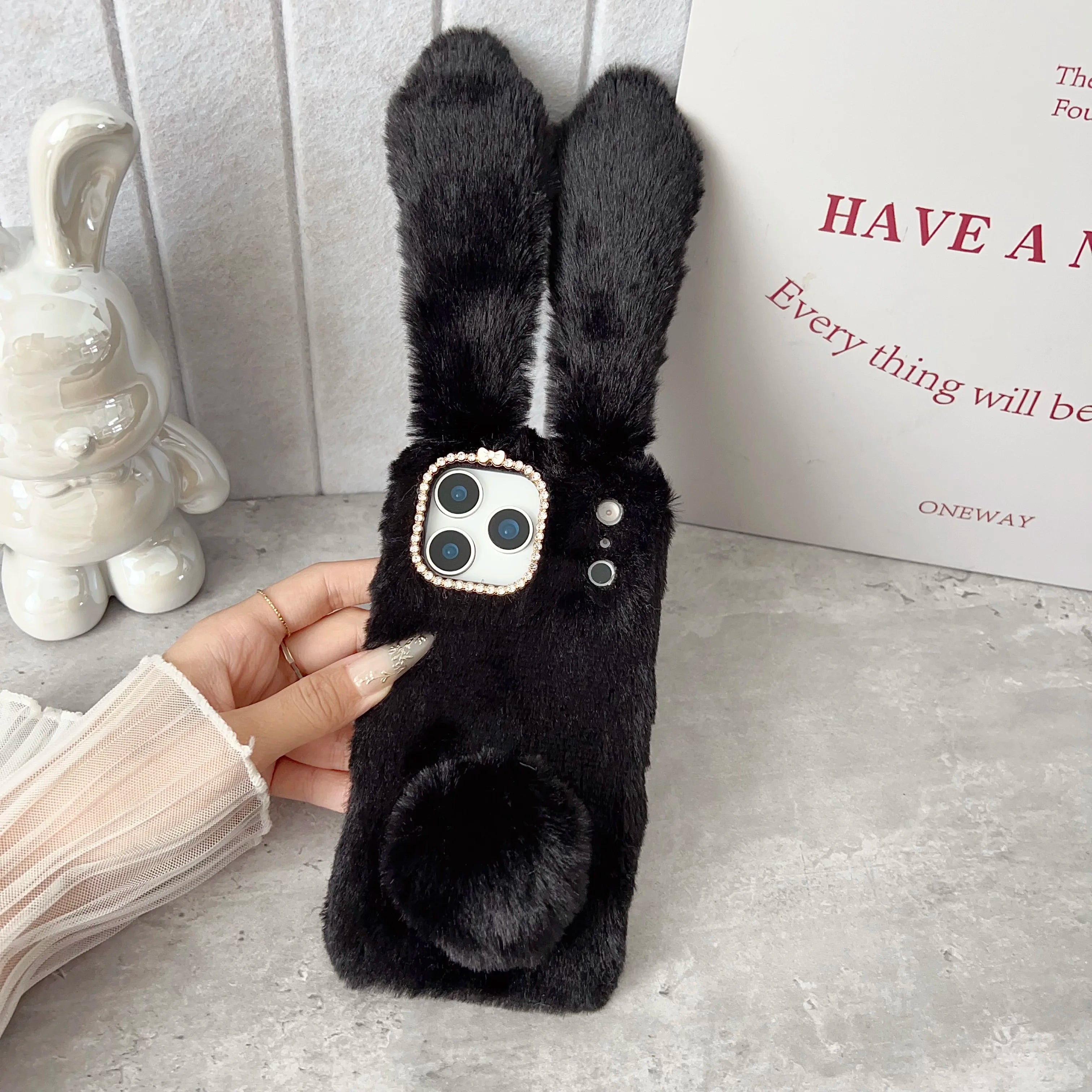 3D Cute Rabbit Ears Fur Plush Phone Case For iPhone 17 Pro Max 16 15 14 13 12 11Pro max Plus mini 17Air Furry Bunny Warm Cover