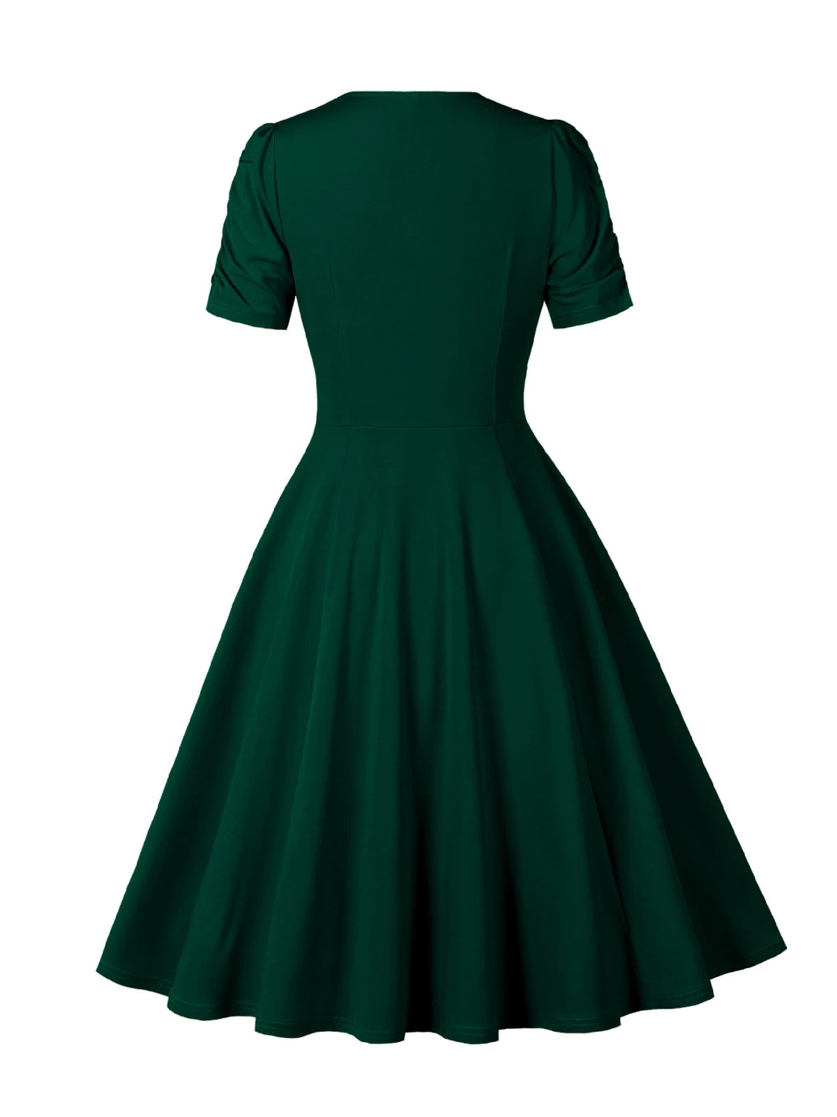 Tonval V-Neck Ruched Sleeve Green Plain Vintage Women Midi Dresses 2026 Summer Retro Prom Party Wear Pockets Side Swing Dress