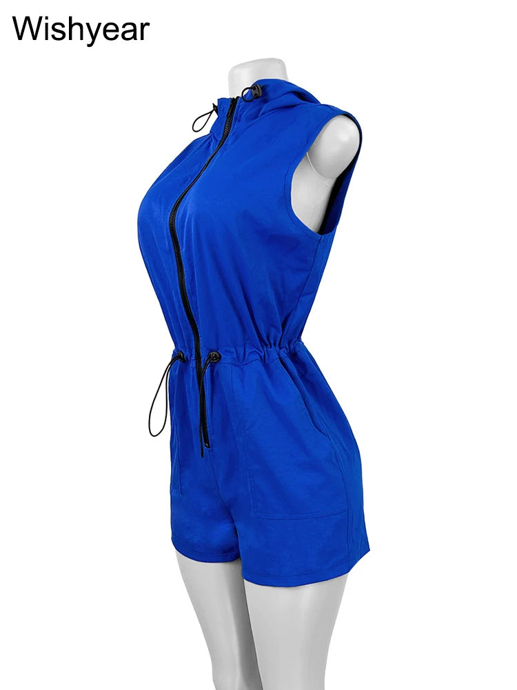 Casual Women's Short Jumpsuits Summer Sleeveless Zipper Front Drawstring Waist Playsuits Pocket One Pieces Romper Streetwear y2k