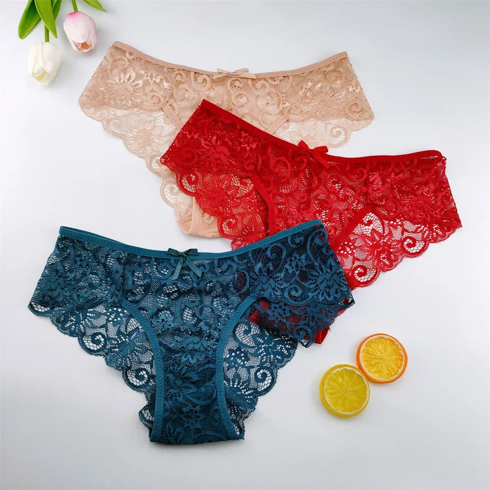 3Pcs/Set Sexy Panties Women Perspective Lace Underwear Hollow Out Breathable Briefs Cute Bow Intimates Lingerie Ladies Underpant