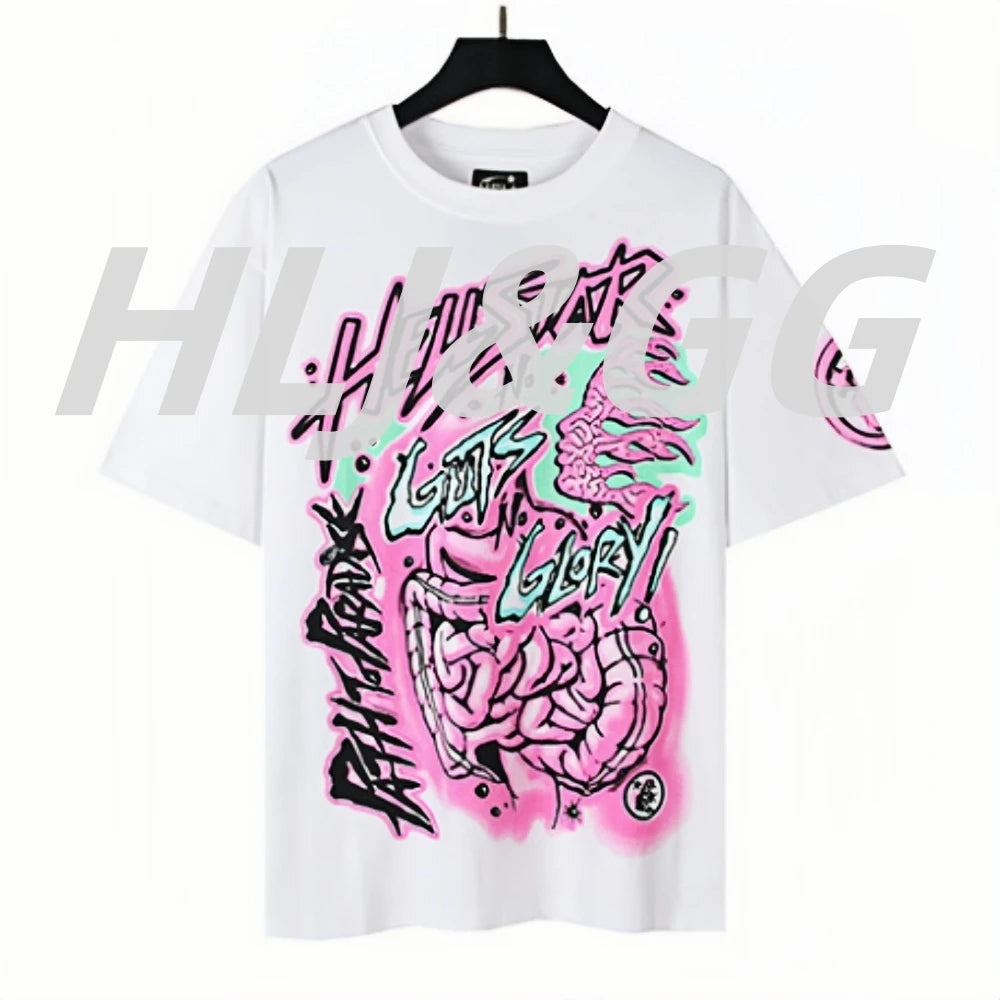 HLJ Trend American Retro Print Tshirts Two Piece Sets Women O Neck Short Sleeve Loose Top+Skinny Pants Outfit Fashion Streetwear