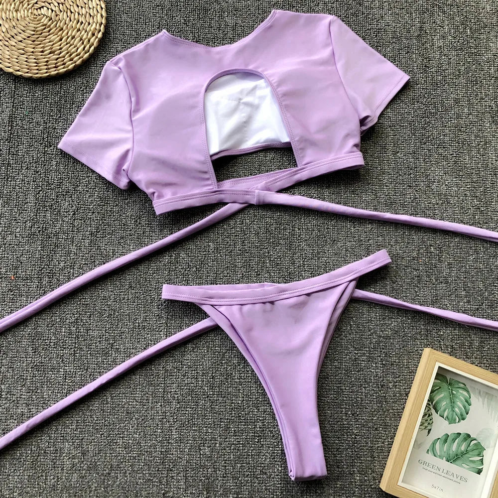 2 Pieces Bikini Women Sexy Swimwear Swimsuit Hollow Short Sleeve High Waist Solid Bikinis Set Beach Bathing Suit Banadores Mujer