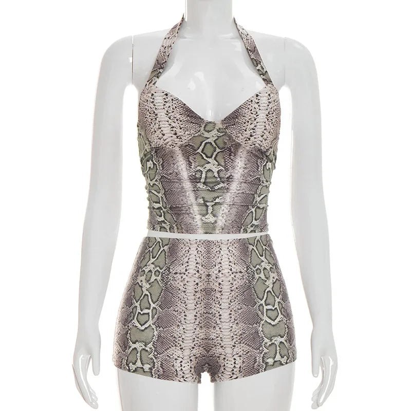 Sexy 2 Piece Short Sets Women Animal Print Summer Club Party Outfit Halter Backless Crop Top Shorts Two Piece Matching Set Gift