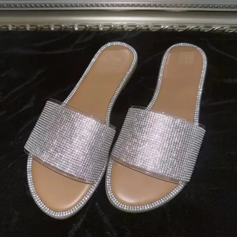 2024 New Shiny Rhinestone Fashion Ladies Slippers Outdoor Women Roman Shoes Flat Sandals Female Casual Beach Crystal Slides