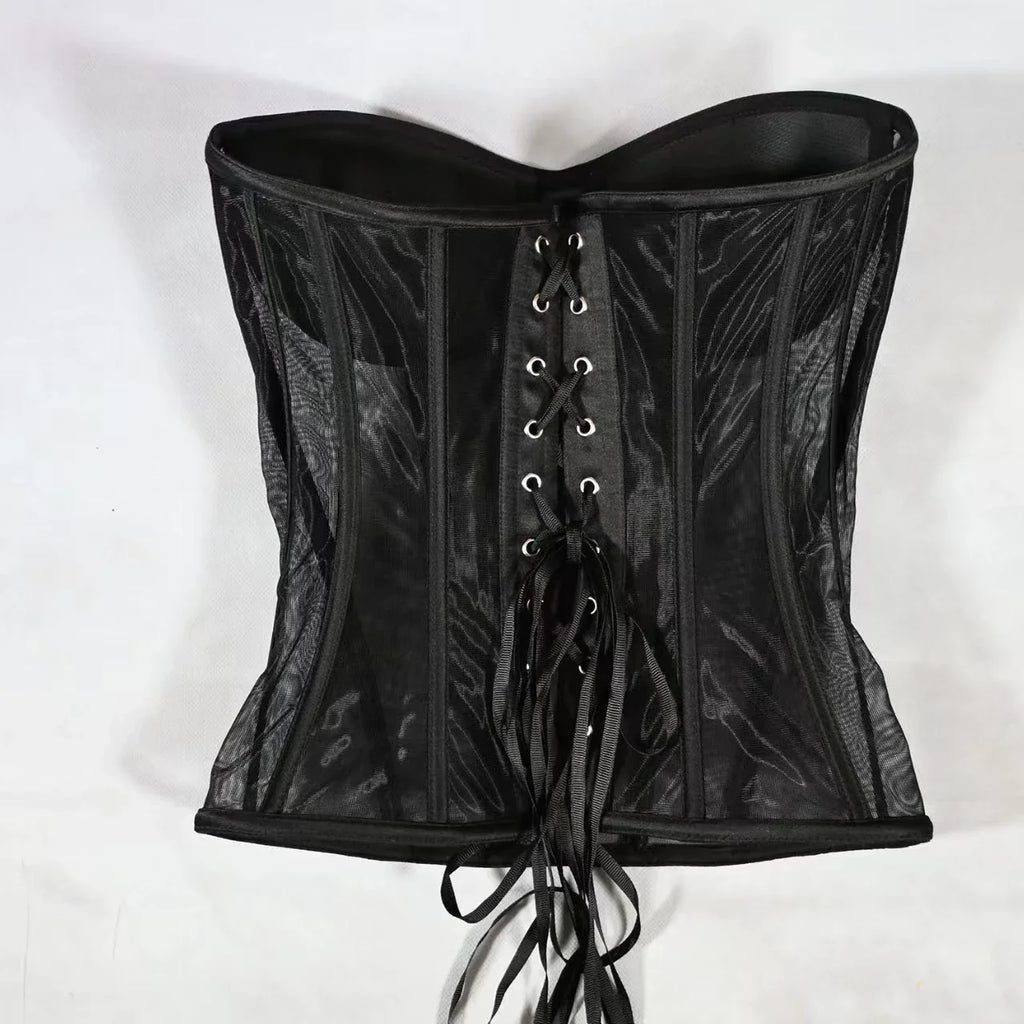 Women Corset Bustier With Bra Transparent Mesh Bodices For Wedding Body Shaper Slimm Waist Lace Up Boned Strapless Tube Tops