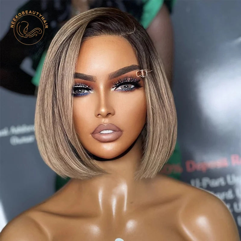 Ash Blonde Ombre Lace Front Wig Honey Blonde Transparent Lace Frontal Wig Ombre Blonde Colored Human Hair Bob Wis With Dark Root