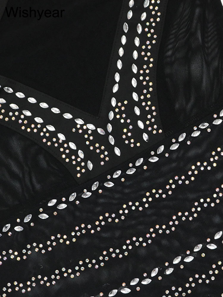 Sexy Halter Backless Sleeve Bodycon Mini Dress Black Sheer Mesh Rhinestone Party Birthday Summer Night Club Women Prom Vestidos