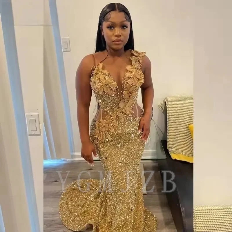 Gold Skinny Prom Dresses 2025 Black Girl Luxury Bead Rhinestones 3D Flowers Corset Cut-out Birthday Party Gala Gown Customized