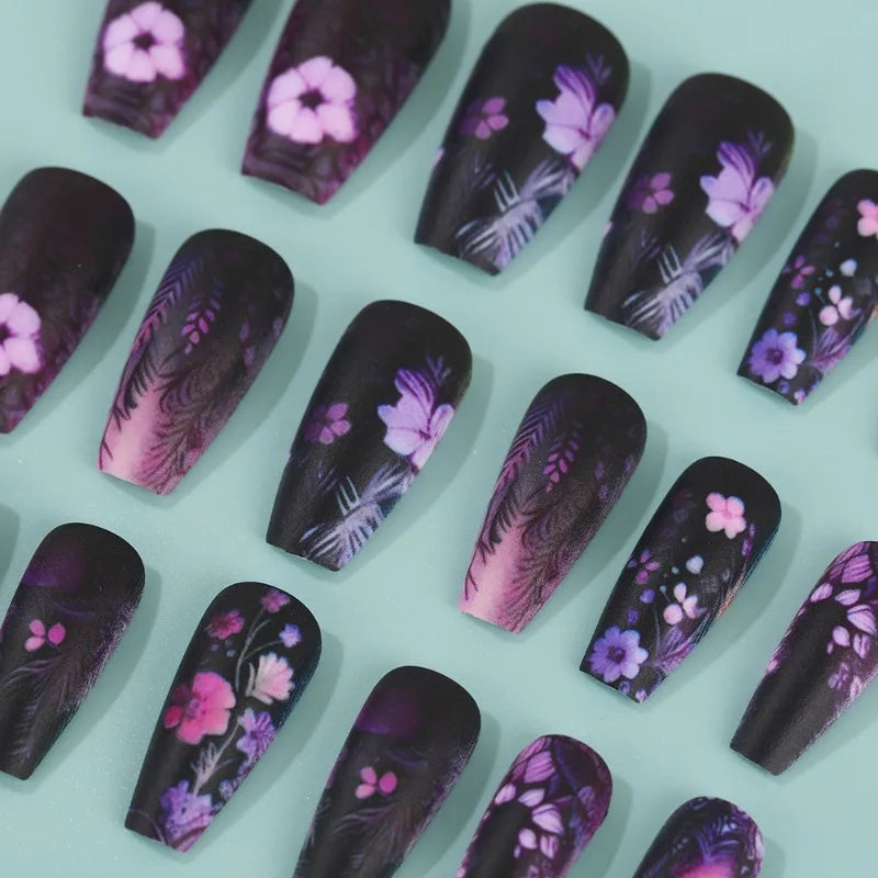 24PCS Dark Luxury Purple Floral Press on Nails with Square European Hand Painted Vintage Cherry Blossoms Artistic False Nails 네일