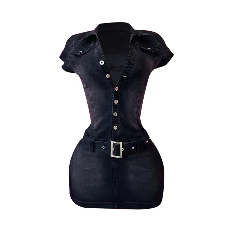 HLJ Fashion Denim Bodycon Mini Dresses Women V Neck Short Sleeve Slim Vestidos Summer New Cowboy Stretchy Streetwear Dress 2025