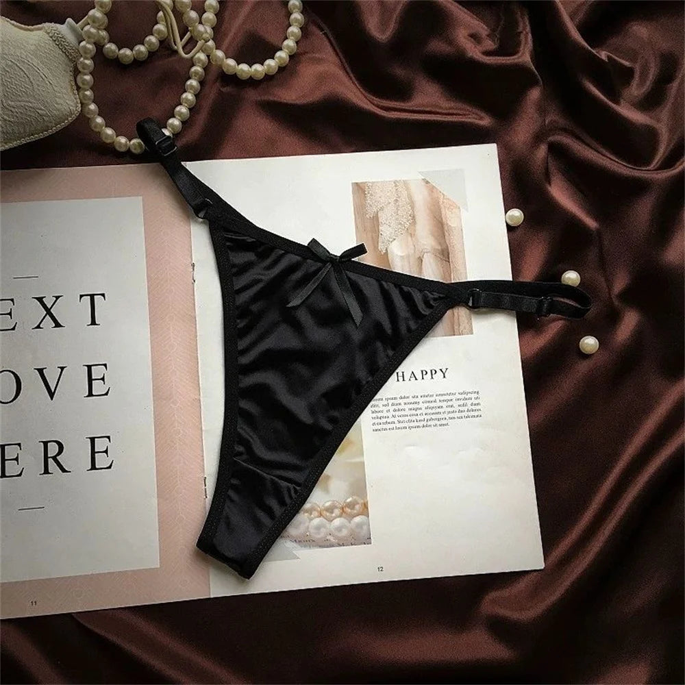 Sexy Adjustable Thongs Women Smooth Glossy Silk Low Waist Satin T-back Panties Plus Size Culotte Femme