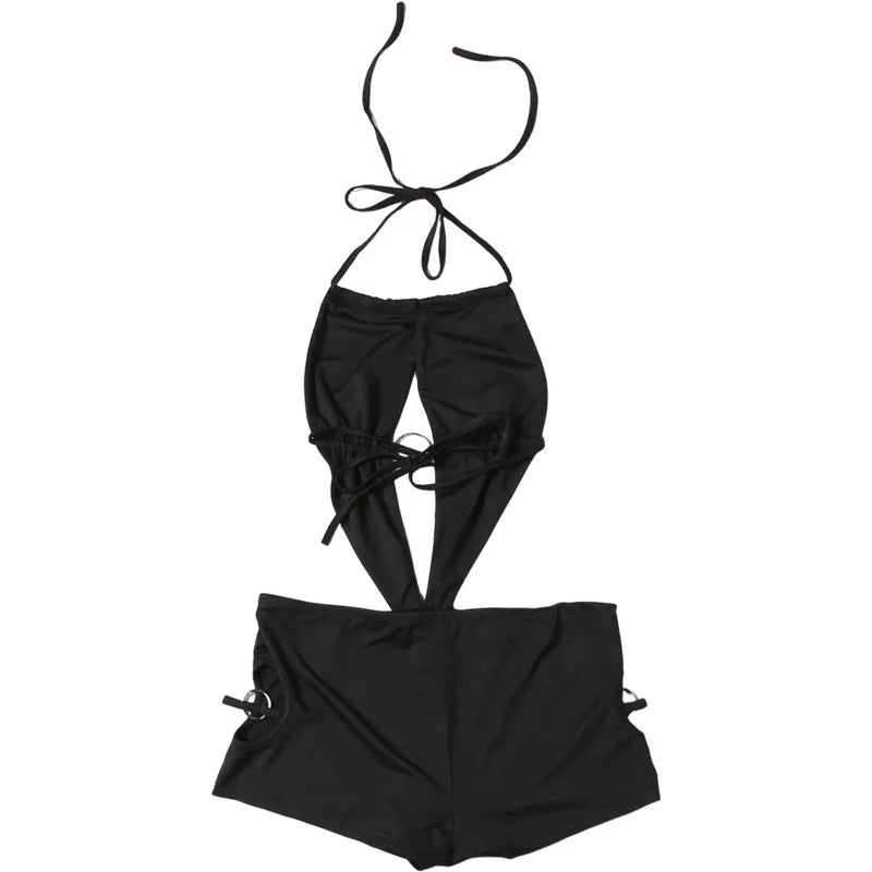 HLJ Sexy Deep V Neck Bodycon Romper for Women Black Halter Sleeveless Backless Shorts Jumpsuit Female Club Party Streetwear New