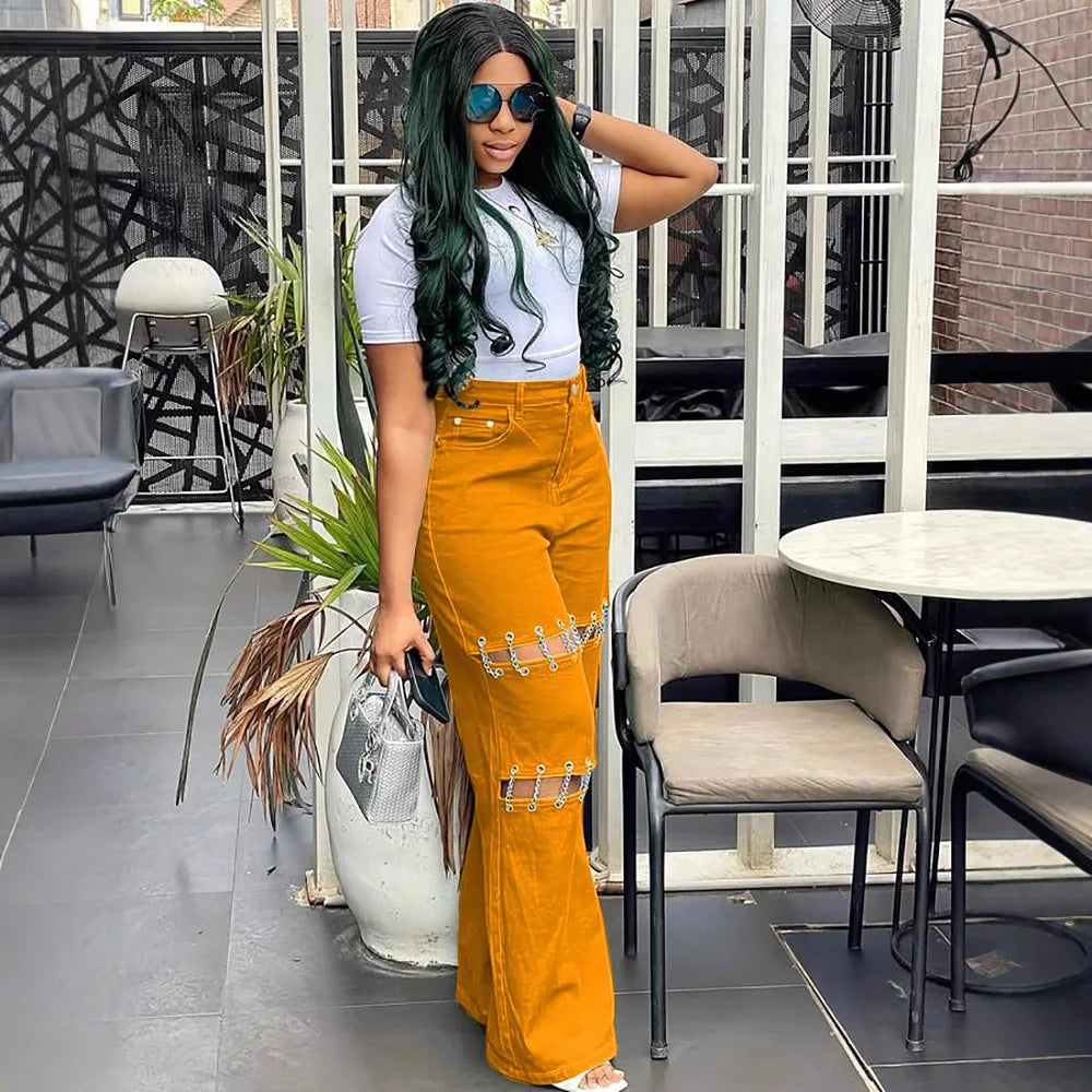 High Waist Green Ripped Chain Decoration Patchwork Wide Leg Denim Pants Women Fashion Casual Personality Trendy Long Trousers