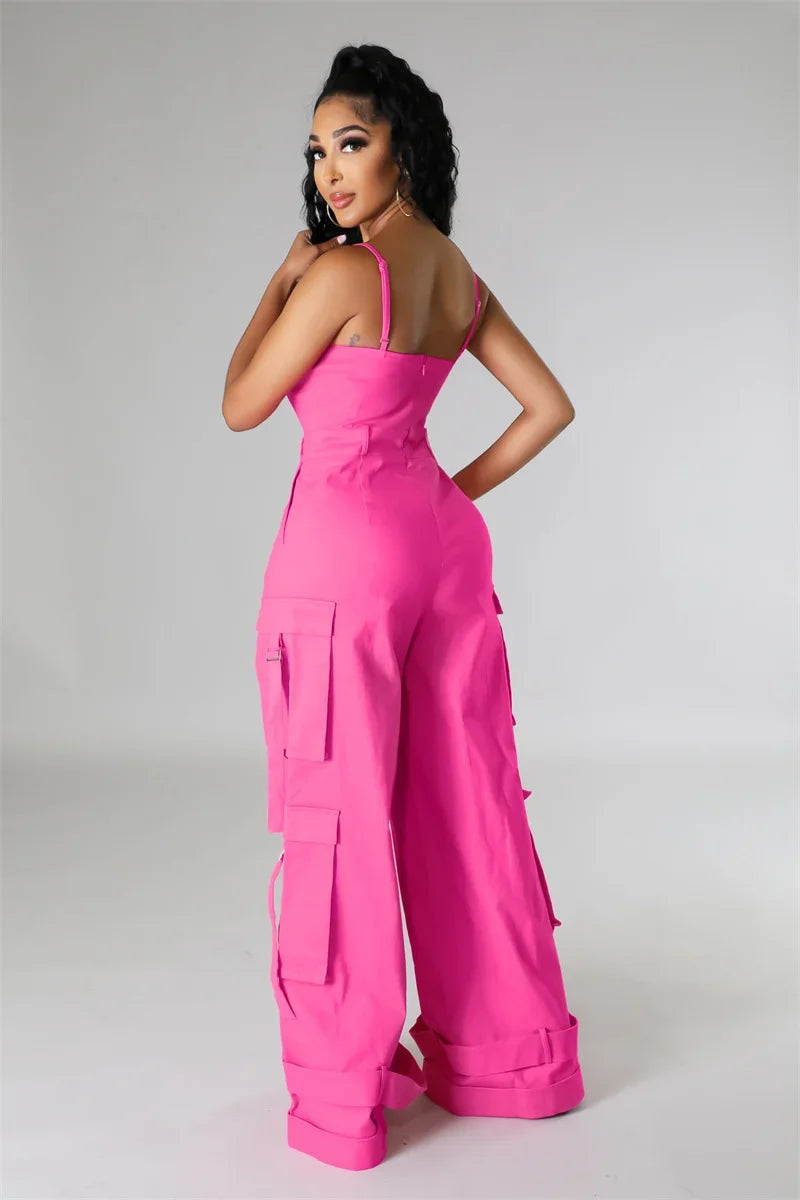 Sexy Spaghetti Strap Cargo Jumpsuit Women Summer Sleeveless Strapless Wide Leg Pants with Pockets One Pieces Romper Overall