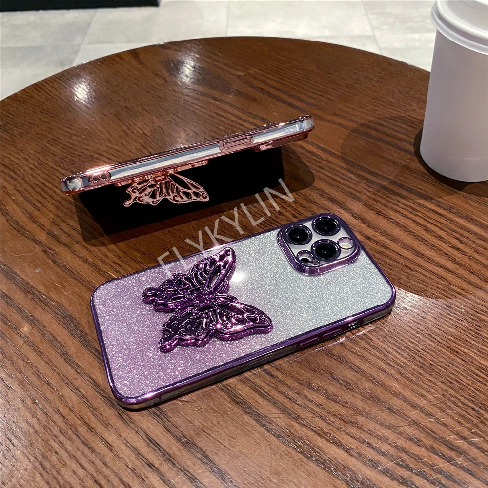 3D Butterfly Phone Holder Bead Bracelet Glitter Plating Case For iPhone 16 15 13 12 11 14 Pro Max XS Max XR 7 8 Plus Stand Cover