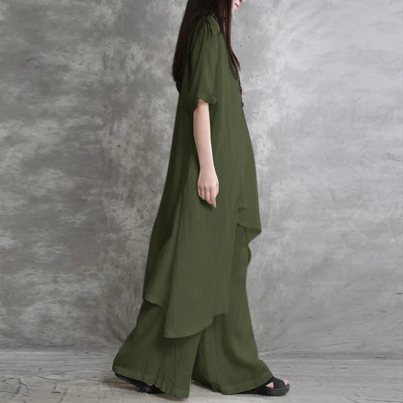 Loose Casual Cotton Linen Two Piece Set Fashion Round Neck Irregular Half Sleeved Extended Top Elastic Waist Wide Leg Pants Set