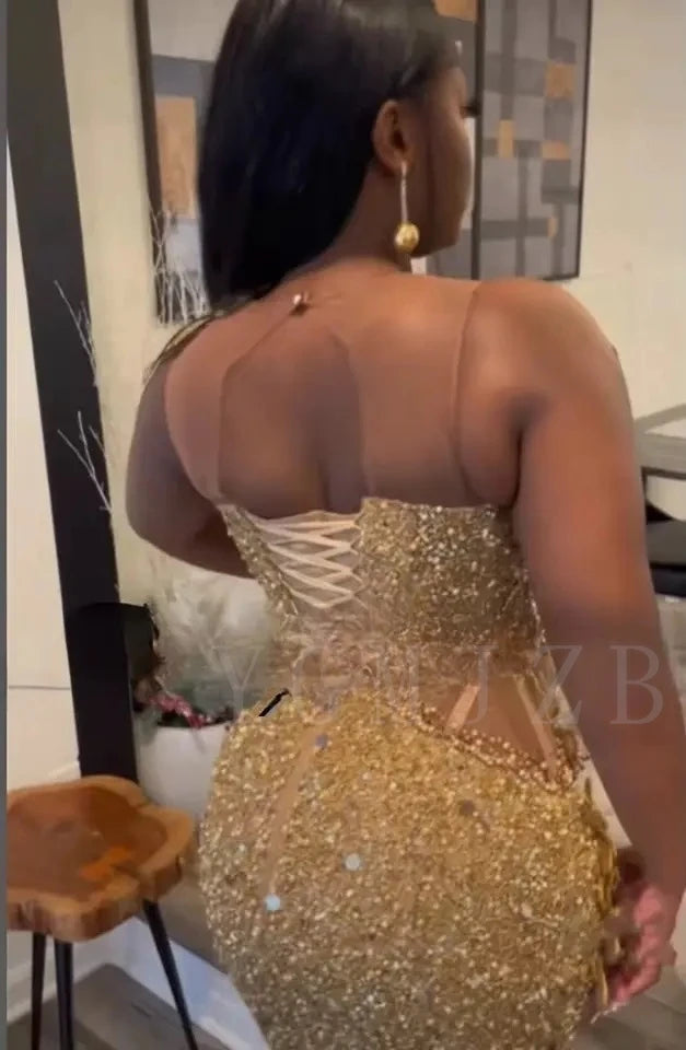 Gold Skinny Prom Dresses 2025 Black Girl Luxury Bead Rhinestones 3D Flowers Corset Cut-out Birthday Party Gala Gown Customized