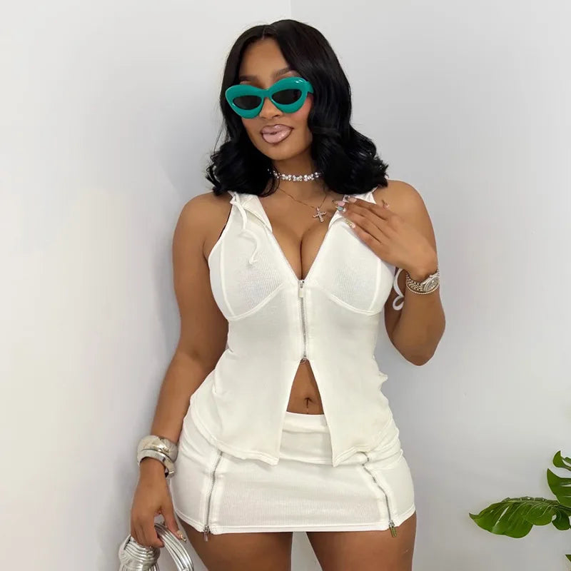 Women Solid Casual 2 Piece Set Tracksuits Zip-up Sleeveless Hooded Tanks Tops + Zippers Bodycon Mini Skirts Streetwear Suits