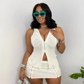 Women Solid Casual 2 Piece Set Tracksuits Zip-up Sleeveless Hooded Tanks Tops + Zippers Bodycon Mini Skirts Streetwear Suits