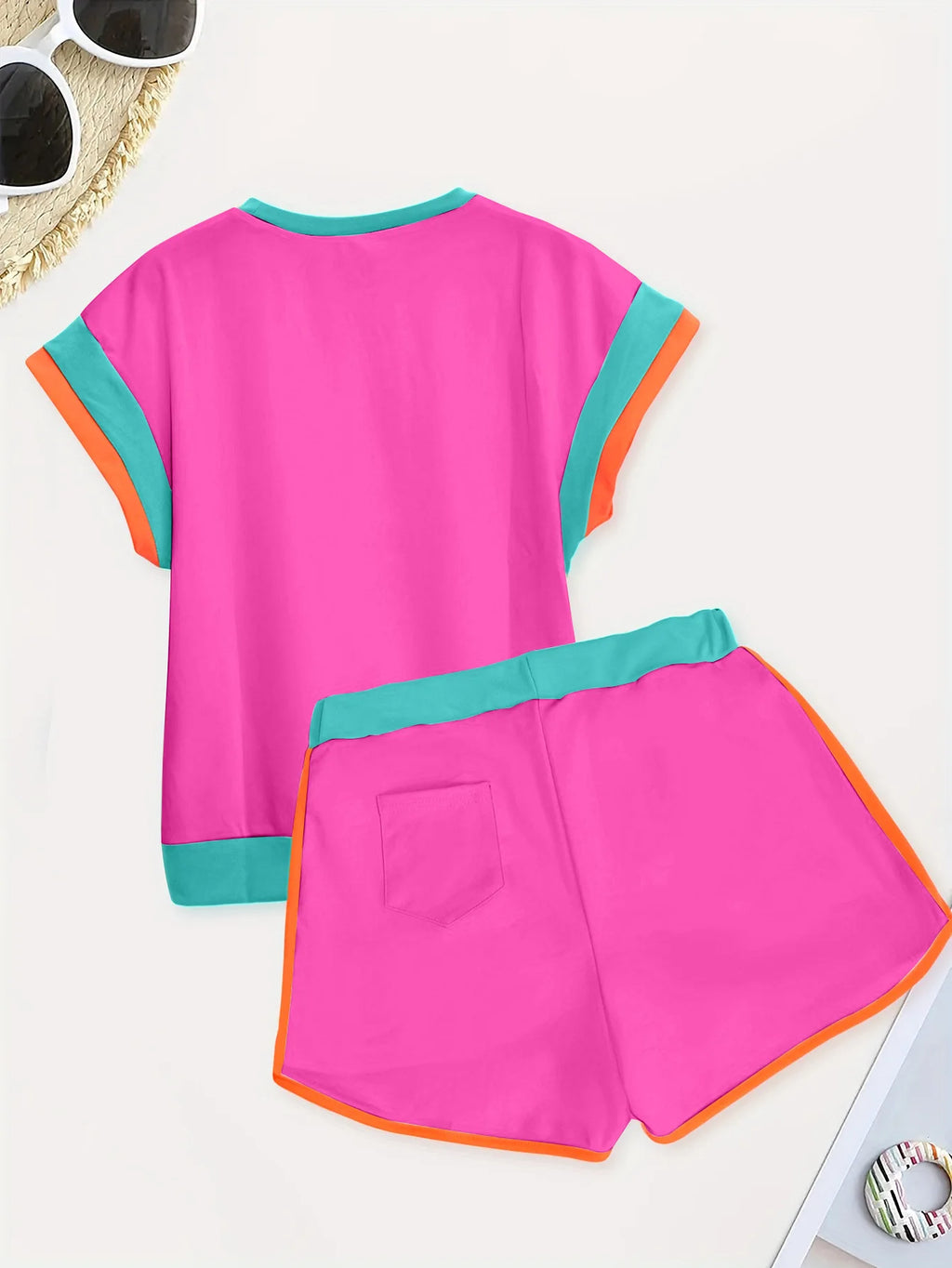 New Patchwork Casual Sporty 2 Piece Sets Women 2025 Summer Trend O-Neck Short Sleeve Tops And Shorts Matching Fitness Tracksuits