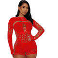 Women's Sexy Long Sleeve Jumpsuit See Through Outfit Sheer Mesh Hollow Out Night Club Short Romper