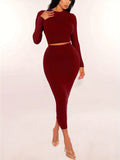 Women Skirts Set Long Sleeve Crop Tops Dress Two Piece Solid Color Skinny Bodycons Outfits Suits Knitted Slim Clothing