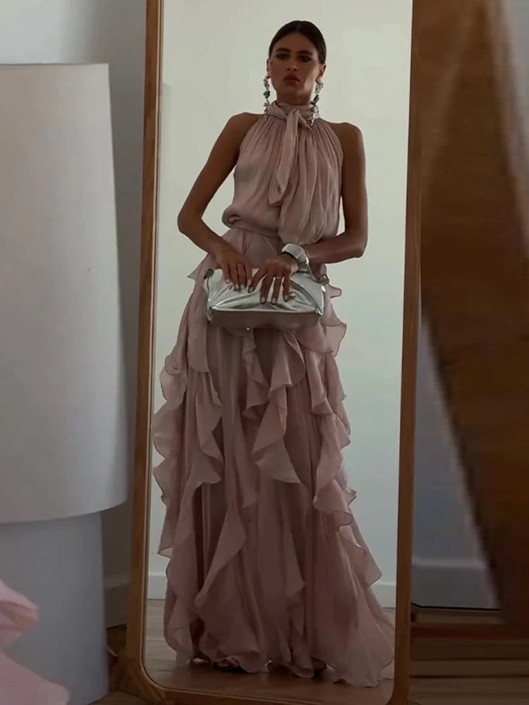 Fashion Halter Ruffle Long Dress Women Chiffon Sleeveless Ruffled Tiered Waist Cinching Party Dresses Lady Holiday Y2K Chic Robe