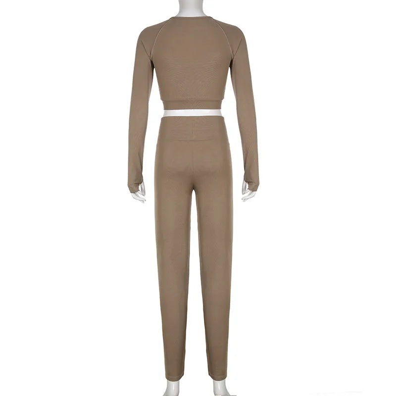 Spring Autumn Black 2 Two Peice Sets Tracksuit Women Outfits Long Sleeve Crop Top Trousers Skinny Sports Yoga Sets Itness Wear