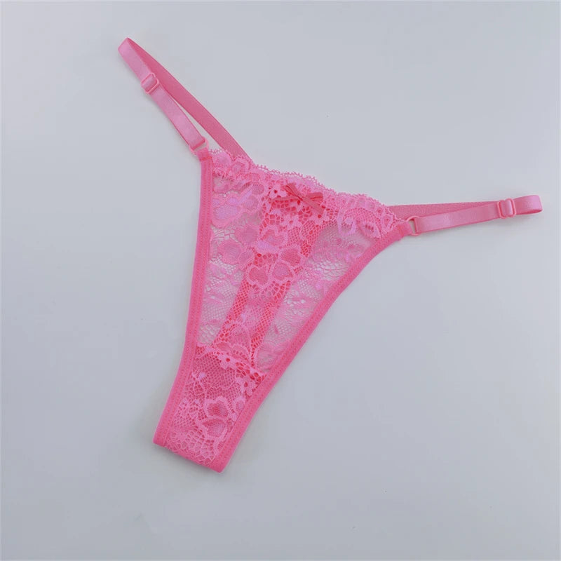 Solid Floral Lace Sexy Panties Ladies Low Waist Bow T-back Thong Adjustable Thin Belt Underwear Hollow See-through Lingerie 3PCS