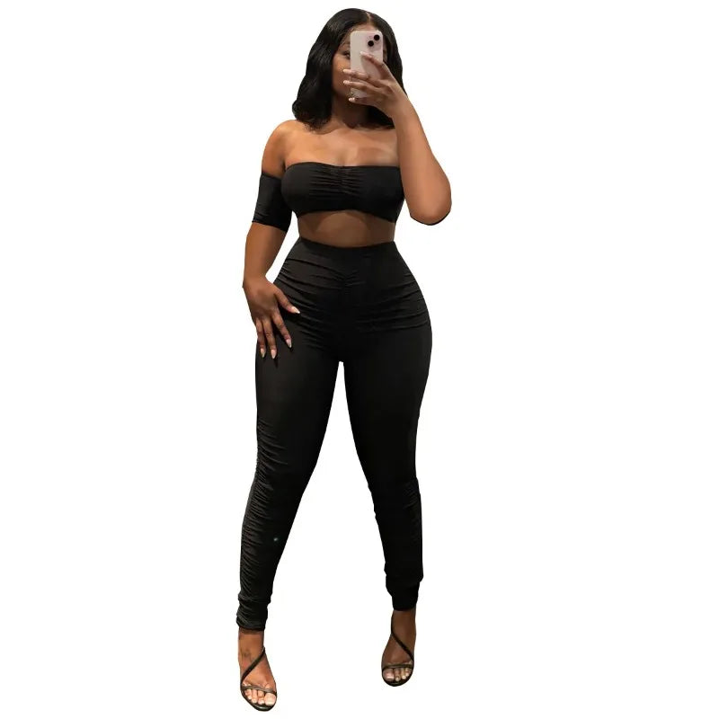 Fitness Women's Set Ruched Stacked Off Shoulder Crop Top and Legging Pants 2025 Summer Two 2 Piece Sets Outfit Tracksuit