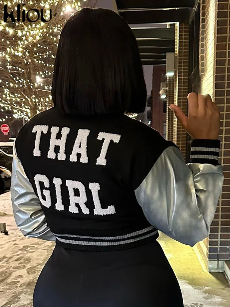 Kliou Letter Shape Patchwork Coats Women Casual Classic Panelled Long Sleeve Single Breasted Croped Jacket Female Street Outwear