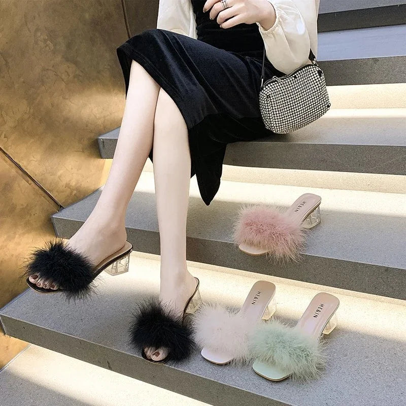 Fashion Slippers Women's Summer New Open Toe Plush Fox Fur Chunky with Flip Flops Sexy Home Banquet Square Toe Simple Pumps
