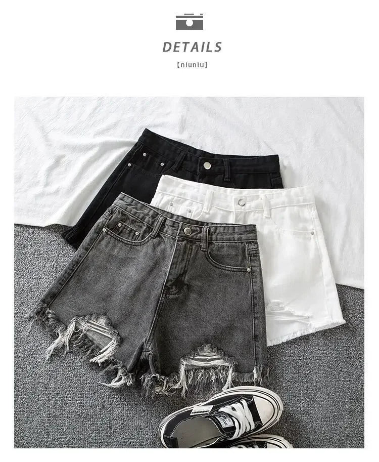 Denim Shorts Women High Waist Slender Korean Fashion Summer Frayed Buttons Zipper Tassel Loose Solid All-match Streetwear Chic