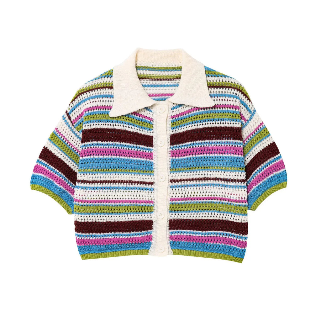Women Patchwork Striped Hollow Out Crochet Knitted Crop Sweater Shorts Set Short Sleeve Polo Collar Sweater Knit Shorts Suit Y2K