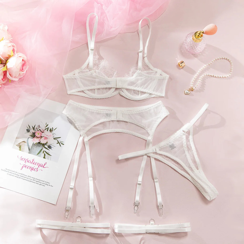 Ellolace Fancy Lingeries Sexy Hot Elegant Bra 3PC Set with Leg Circles Sissy Solid Color Intimate Eyelash Lace Patchwork Costume
