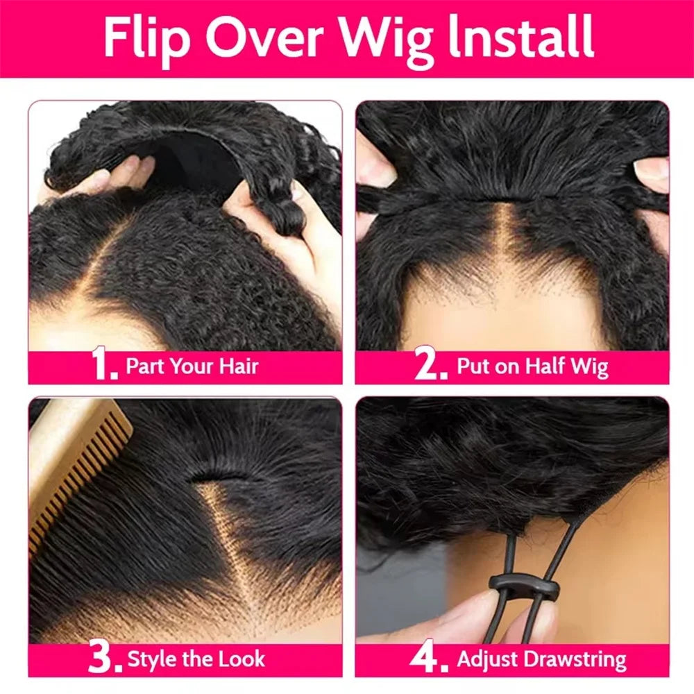 Half Wig Glueless Human Hair Wigs With Drawstring Seamless Clips 250 Density Kinky Curly Half Wigs Full Machine Made Wig