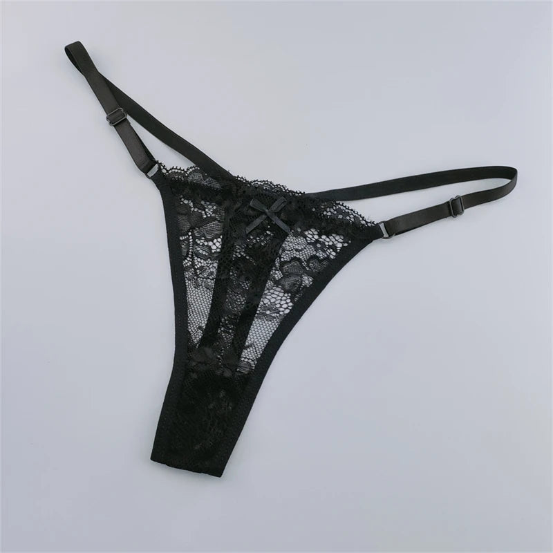 Solid Floral Lace Sexy Panties Ladies Low Waist Bow T-back Thong Adjustable Thin Belt Underwear Hollow See-through Lingerie 3PCS