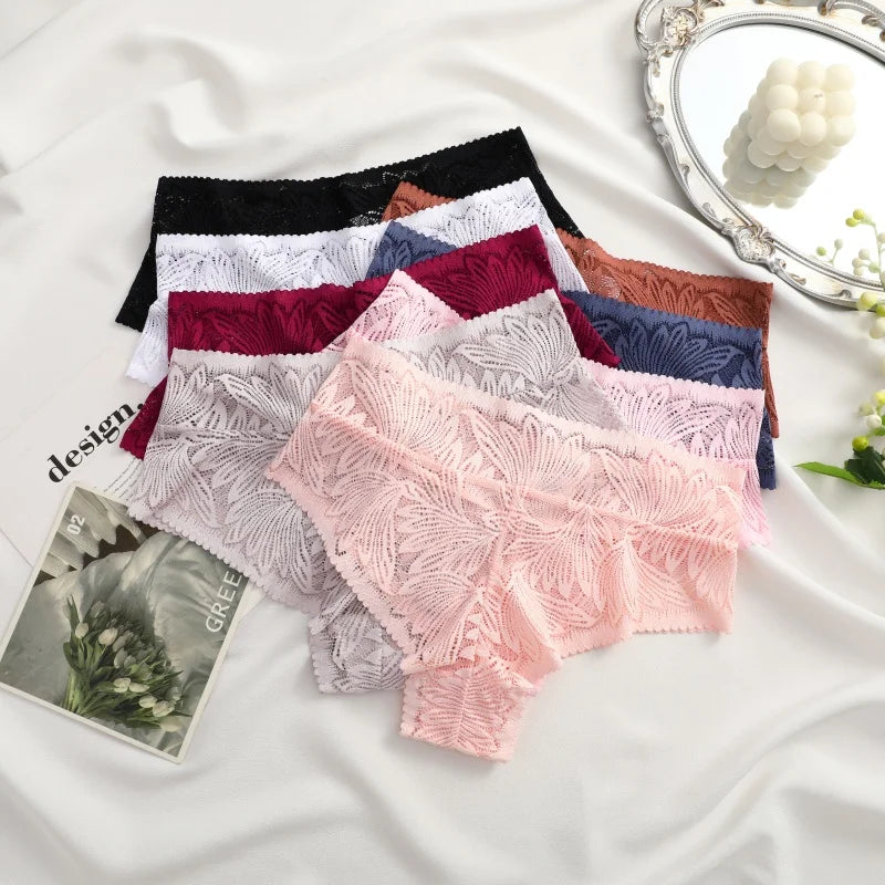 6pcs Women's Sexy Lace Panties Seamless High Waist Transparent Briefs Solid Color Hollow Breathable Female Underwear Large size