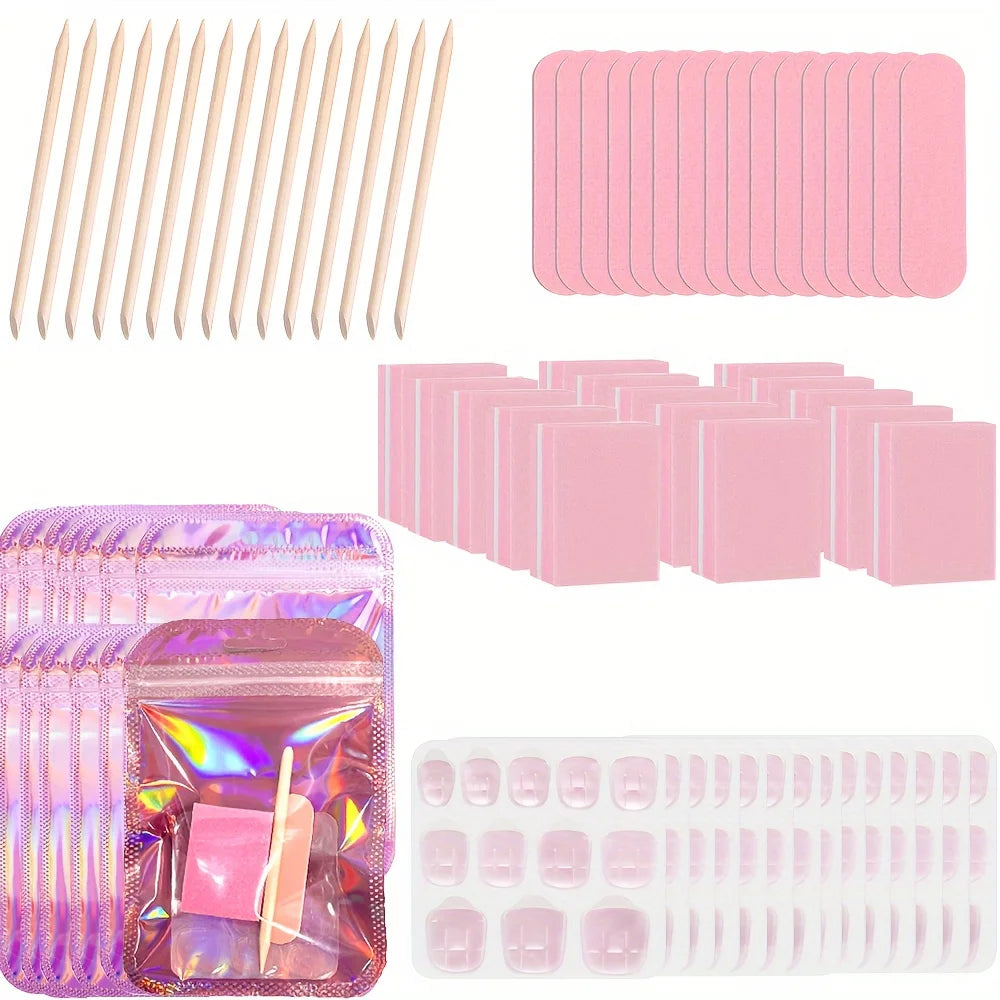 15Set Press On Nail Tool Prep Kit, 75pcs Disposable Manicure Kit with Nail File, Buffer, Adhesive Nail Tabs, Wood Stick, Hologra