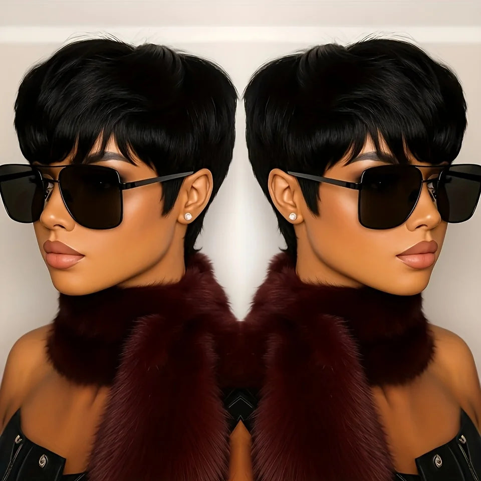 short straight human hair wig for women daily party use wig machine made pixie wig black color pixie cut wig