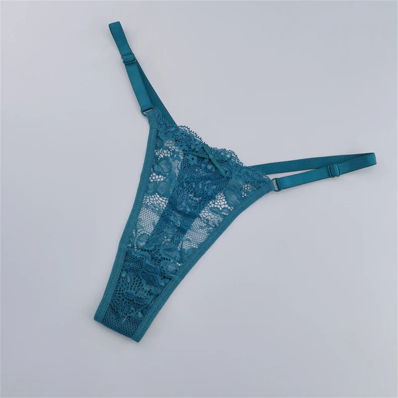 Solid Floral Lace Sexy Panties Ladies Low Waist Bow T-back Thong Adjustable Thin Belt Underwear Hollow See-through Lingerie 3PCS
