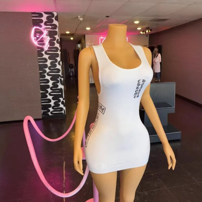 Gothic Women's Letter Print Tank Mini Dress 2026 Summer Y2K Sleeveless Bodycon Streetwear Sexy Skinny Night Club Party Outfit