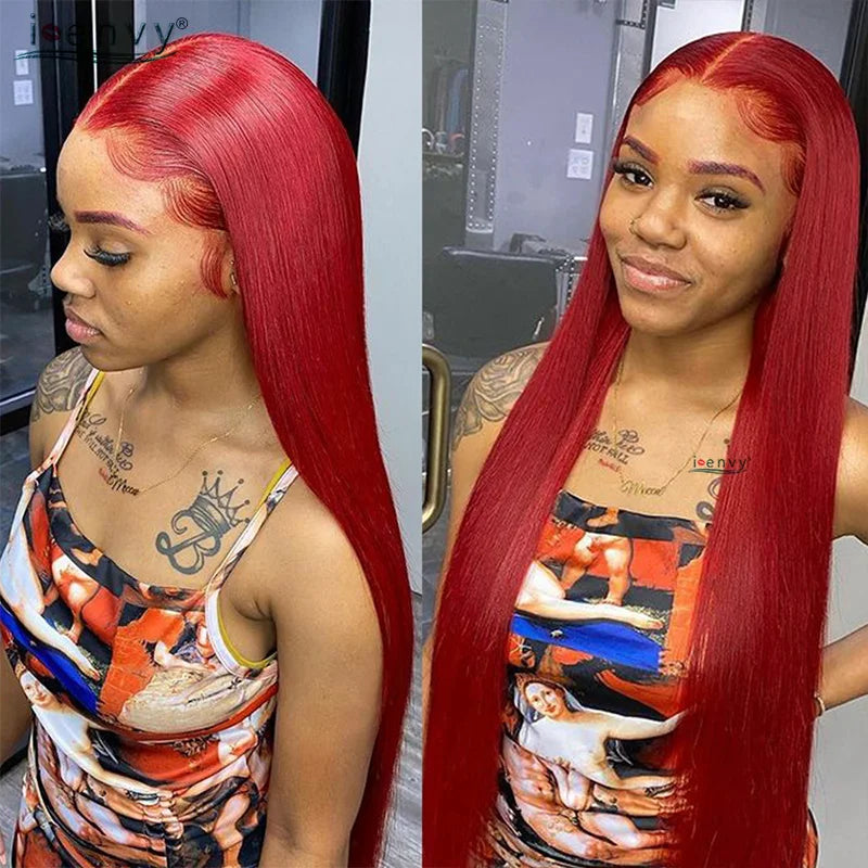 99J Red Colored Lace Front Human Hair Wigs Silky Straight 13X4 13X6 Burgundy Hd Transparent Pre Plucked Lace Frontal Wigs 180%