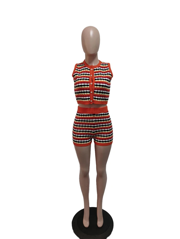 Sexy 2 Piece Shorts Set Women Outfit Knitted Striped Tank Top and Short Suits 2025 Summer Casual Vacation Sets Y2k Tracksuit
